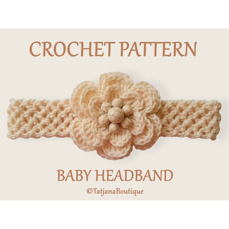 a crochet headband with a flower on top and the words baby headband below it