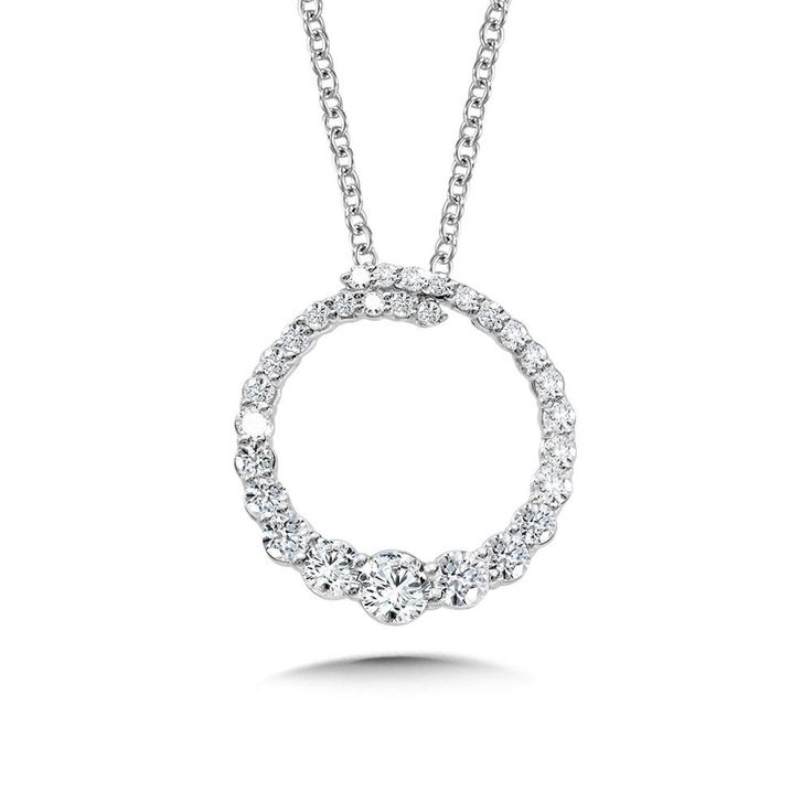 Birmingham Jewelry Item Number: PDD3150-W Type: Pendant Style: Love Moments14K White Gold Pendant Our Love Moments circle pendant features a round loop of graduating diamonds that overlap beneath the chain. The diamonds are small on top and gradually become larger towards the bottom of the circle. For a more streamlined necklace design, there is a hidden bail within the pendant for the chain loops through.Total Diamond Weight: 0.50ct approx. *The possibilities are not limited to the options in t Diamond Earrings Ring Type, Small Diamond Pendant, Love Moments, Diamond Circle Necklace, Real Diamond Earrings, Diamond Circle Pendant, Pendant Diamond, Pinterest Ideas, Chain Loop