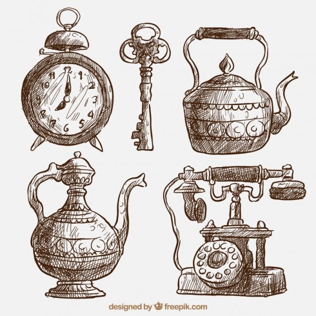 hand drawn tea kettles and clocks