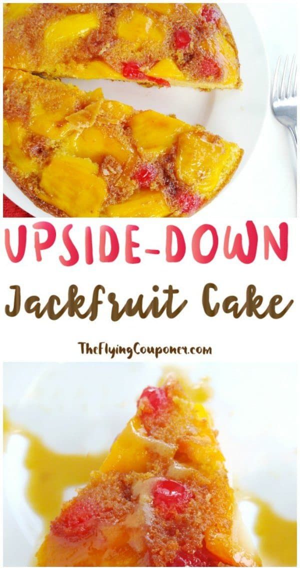 upside down jackfruit cake on a white plate with the title above it in red and yellow