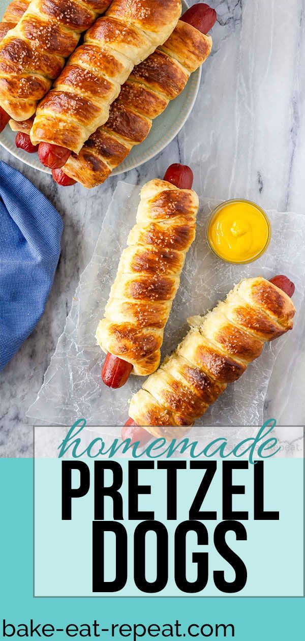 sausage pretzel dogs with mustard and ketchup on the side