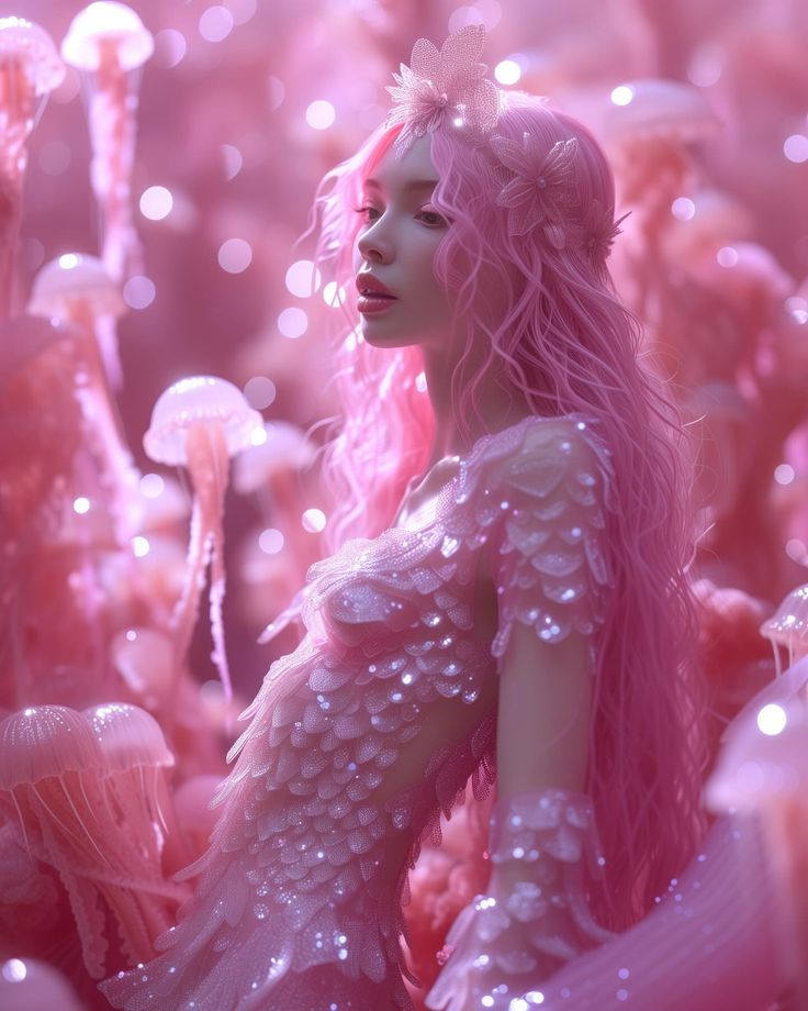 a woman with pink hair is surrounded by mushrooms and jelly like things that are floating in the air