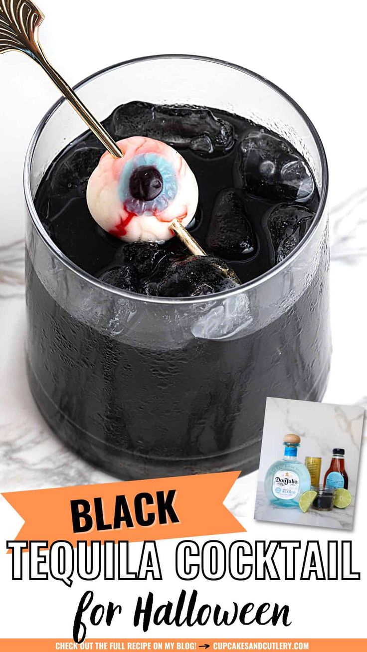 a black tequila cocktail in a glass with an eyeball on top and the words, black tequila cocktail for halloween