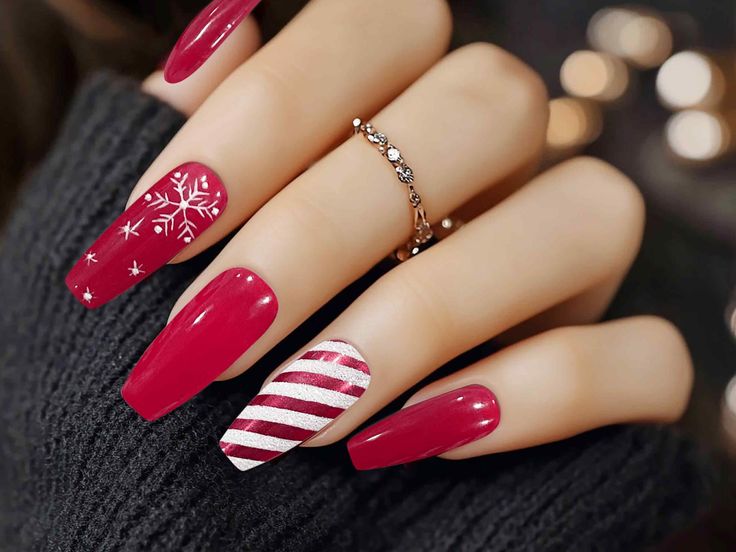 Fancy Christmas Nails Acrylic, Candy Cane Nail, Red Nails With White Snowflakes, Candy Cane Nail Designs, Candy Cane Nail Art, Red Gel Nails With Snowflake, Red Glitter Snowflake Nails, Sparkly Red Nails With Snowflake, Army Nails