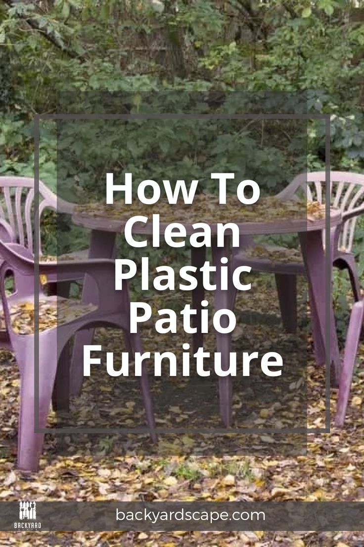 purple plastic patio furniture with text overlay that reads how to clean plastic patio furniture