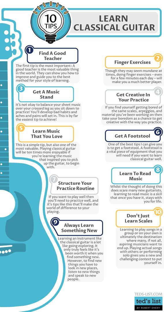 an info sheet with the words learn classical guitar