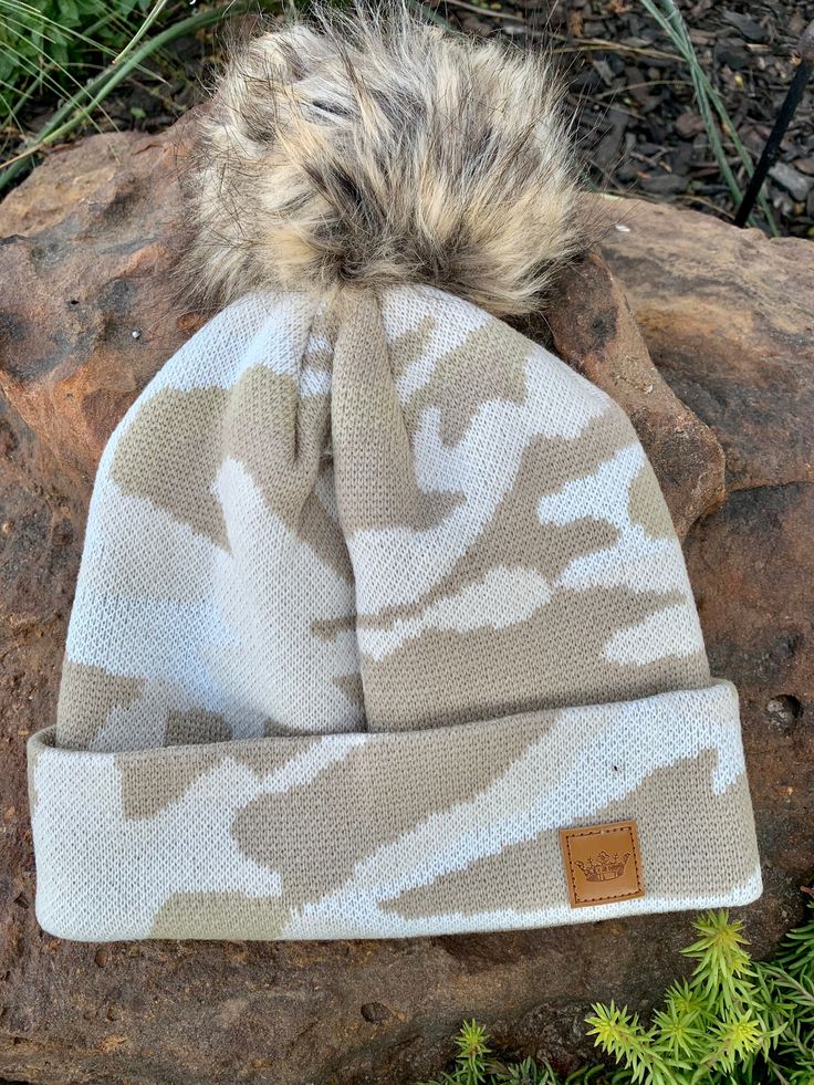 Cream toned camo beanie with a natural puff on top fleece lined made by Panache Accessories Khaki Hats For Outdoor Fall Use, Khaki Outdoor Hat For Fall, Fall Outdoor Khaki Hat, Khaki Winter Hat One Size Fits Most, Khaki Winter Hats, One Size Fits Most, Beige Beanie For Fall Outdoor Activities, Beige Beanie For Outdoor Fall Activities, Beige Beanie For Outdoor Fall Use, Horse Christmas Gifts