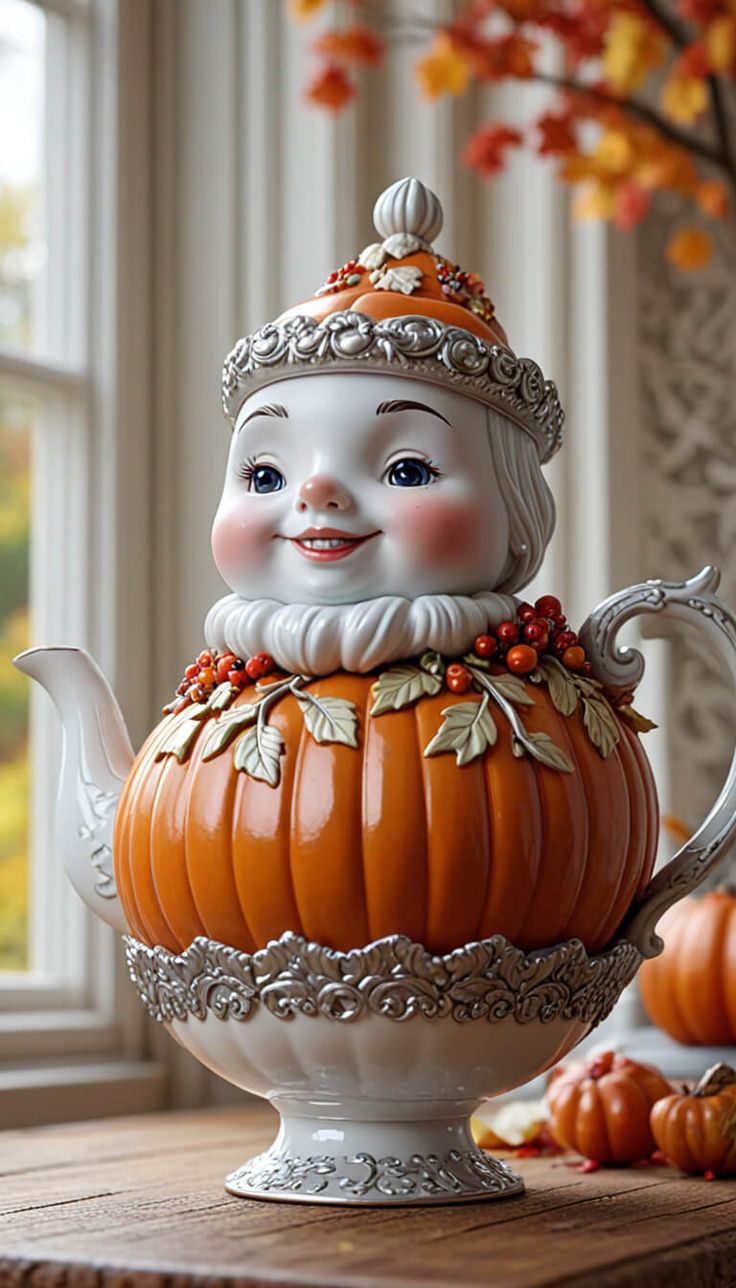 a ceramic teapot with a smiling face on it's lid, sitting next to pumpkins