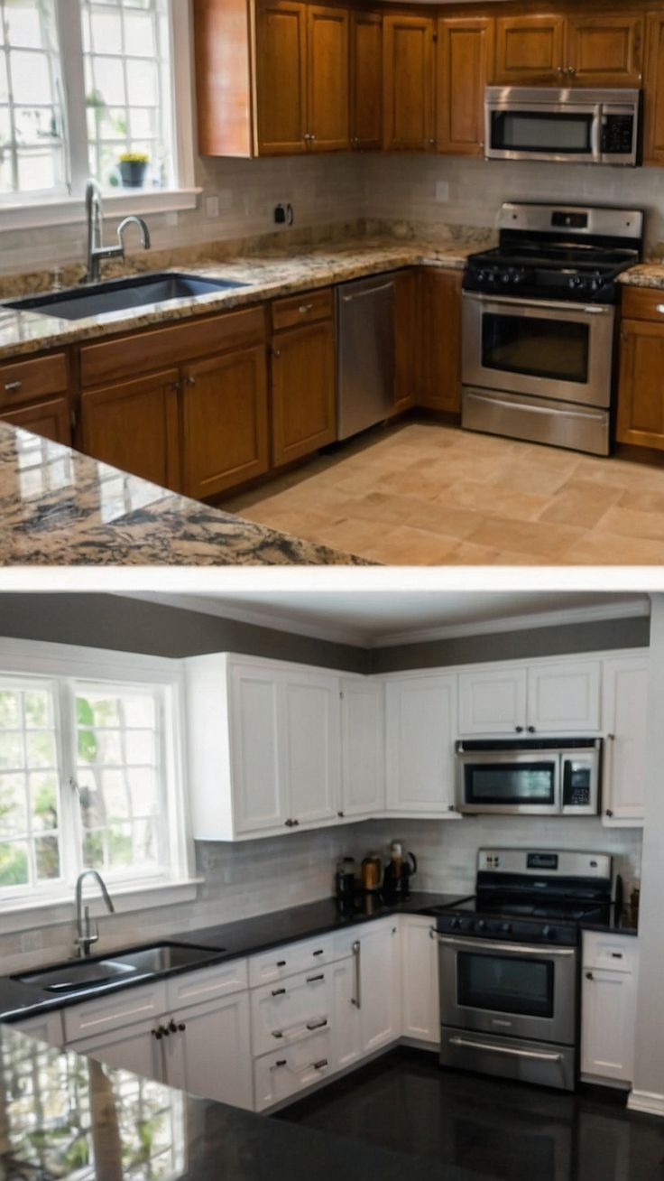 before and after pictures of a kitchen remodel with granite countertops, stainless steel appliances, and wood cabinets