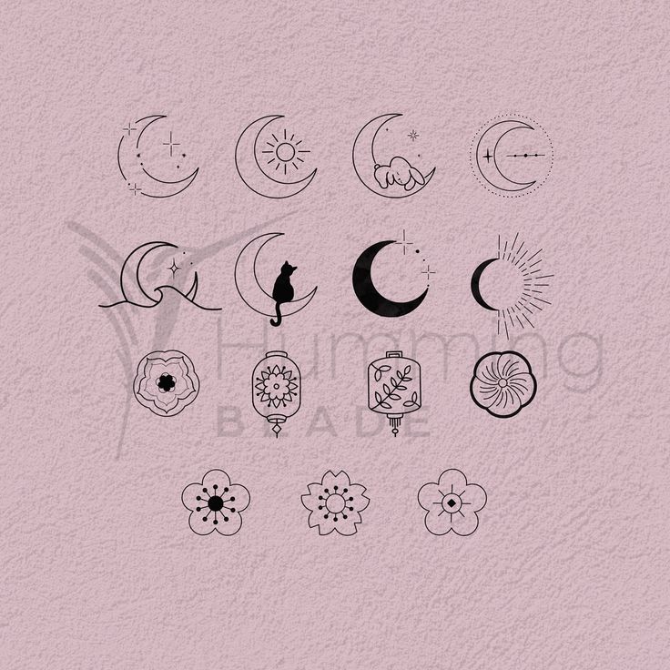 the moon, stars and crescents are drawn in black ink on a pink background