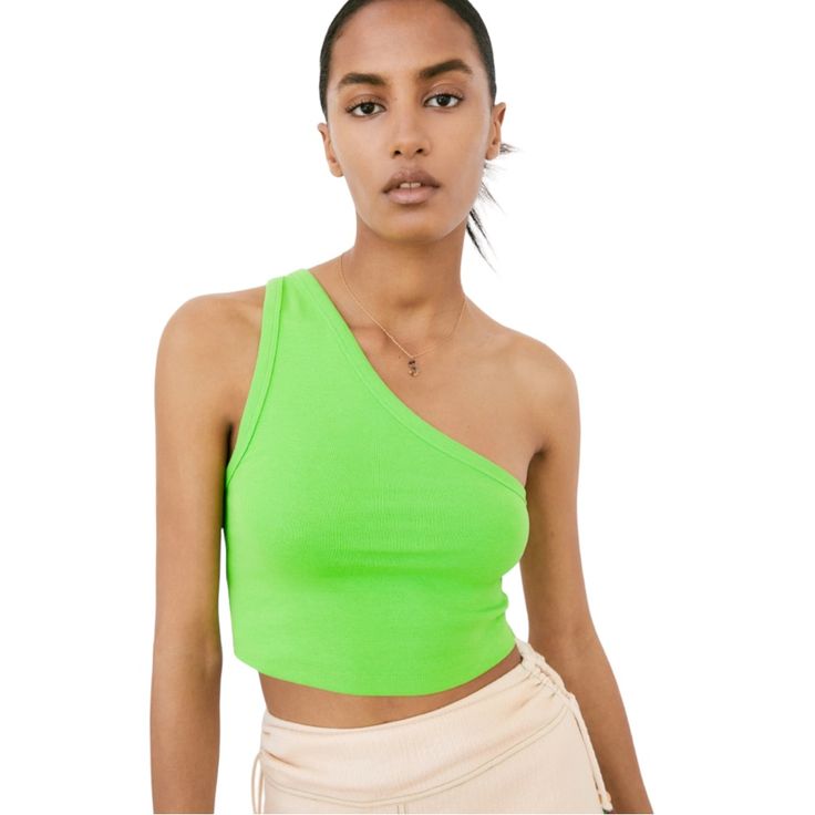 Zara Asymmetrical One Shoulder Lime Green Knit Crop Top. Add A Dramatic Or Playful Pop Of Color With This Great Tank In Sturdy Stretch Cotton Knit By Zara In Bright Lime Green - A Brat Summer Green! Stretchy One Shoulder Crop Top For Summer, Stretch One Shoulder Crop Top For Summer, Stretchy Summer Crop Top With One Shoulder, Casual One Shoulder Top With Asymmetrical Neckline For Spring, Fitted Green One Shoulder Top For Summer, Fitted Crop Top With Asymmetrical Neckline For Spring, Asymmetrical Casual Summer Crop Top, Casual Asymmetrical Crop Top, Casual Fitted Crop Top With Asymmetrical Neckline