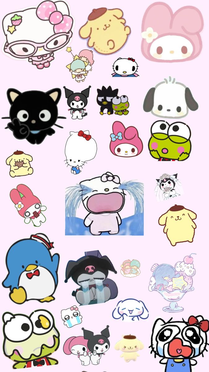 an image of many different stickers on a pink background with the words hello kitty written in