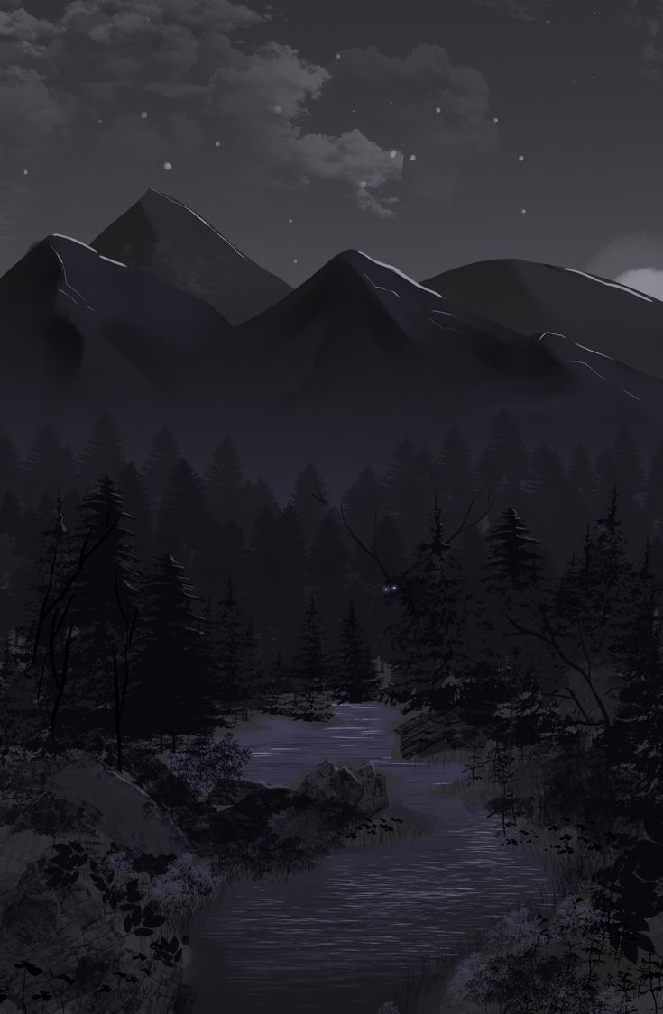 a night scene with mountains and a river in the foreground