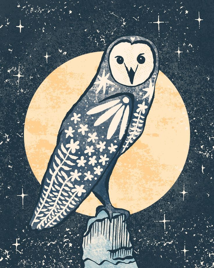 an owl sitting on top of a wooden post in front of the moon and stars