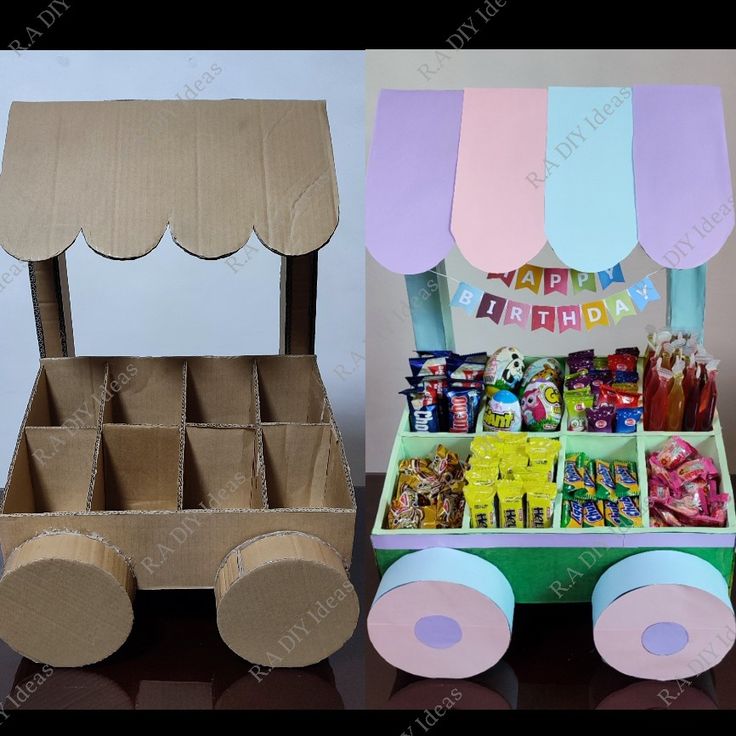 a cardboard cart with candy in it next to an image of a birthday cake cart