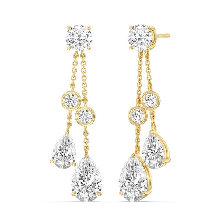 The tear-shaped diamonds are known for their graceful and elongated shape, which creates a sense of elegance and movement in the earrings.These earrings are designed to capture attention and add a touch of sophistication and radiance to your ensemble. Diamond Cut Teardrop Chandelier Earrings, Elegant Teardrop Diamond Earrings Fine Jewelry, Teardrop Diamond Earrings With Elegant Design, Elegant Yellow Gold Drop Diamond Earrings, Teardrop Diamond Cut Bridal Earrings For Evening, Timeless Teardrop Diamond Earrings For Evening, Luxury Yellow Gold Teardrop Chandelier Earrings, Luxury Diamond Teardrop Linear Earrings, Elegant Diamond Cut Drop Bridal Earrings