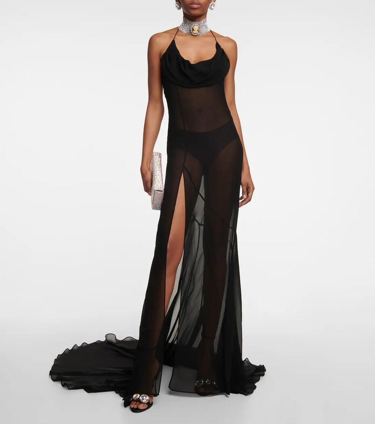 ALESSANDRA RICH Silk georgette gown Evening Draped Chiffon Maxi Dress, Chiffon Draped Maxi Dress For Evening, Sheer Pre-draped Dresses For Gala, Elegant Sheer Backless Evening Dress, Sheer Pre-draped Floor-length Dress, Elegant Silk Chiffon Bias Cut Dress, Elegant Sheer Backless Maxi Dress, Elegant Bias Cut Silk Chiffon Dress, Elegant Bias-cut Silk Chiffon Dress