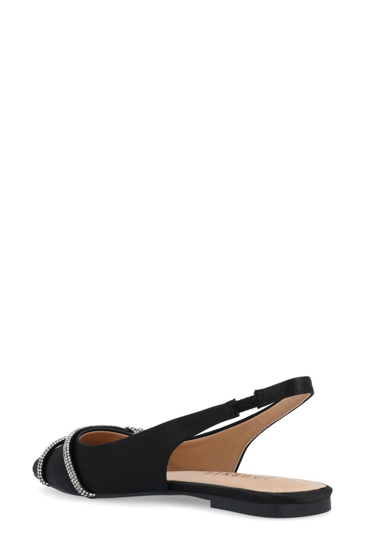 An elegantly twisted knot of pavé crystals sparkles atop a pointed-toe flat secured by a slingback strap. Synthetic upper, lining and sole Imported Slingback Flats, Journee Collection, Nordstrom Rack, Knot, Nordstrom, Size 7, Crystals, Free Shipping, Black