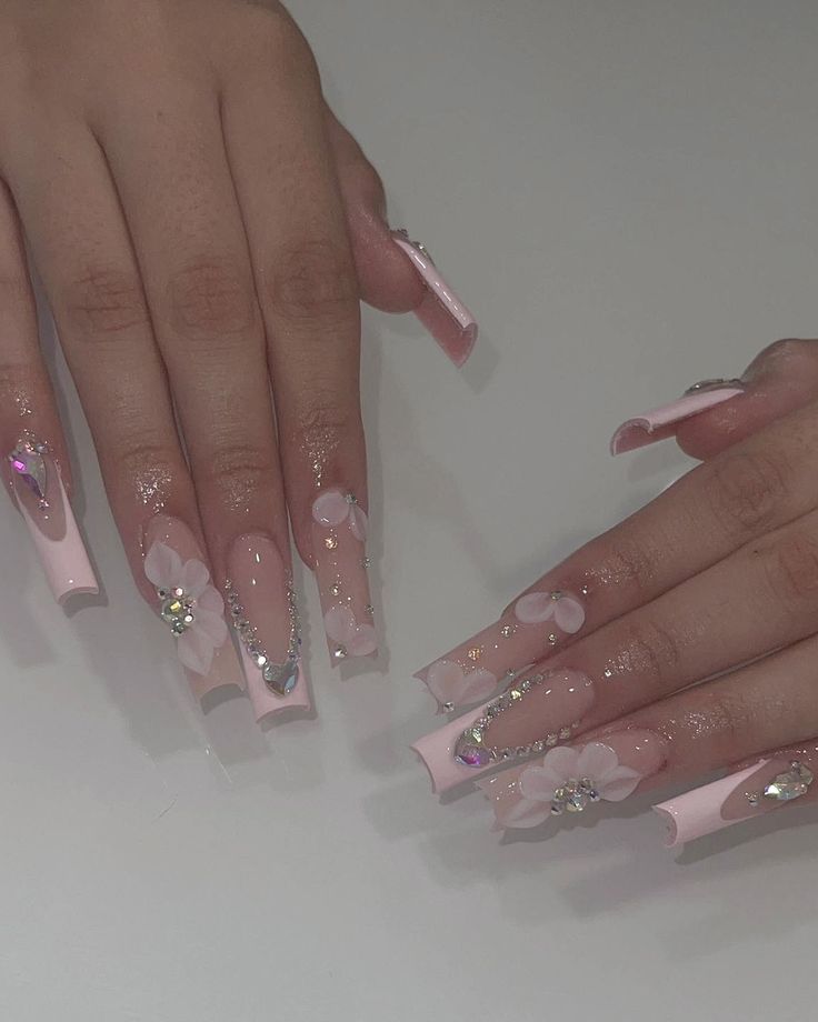 ig: glammed.by.daisy Xv Pink Nails, Long Pink Acrylics, Pink 15 Nails, Quince Nails Pink And Gold, Médium Nails, Baby Pink Prom Nails, Long Nails With Flowers, Baby Pink Long Nails, Pink Nails Quince