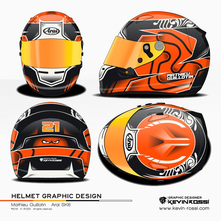 the helmet design is designed to look like an orange and black motorcycle helmet with white lettering