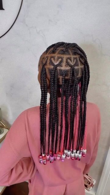 Kid Box Braid Styles, Little Black Girls Box Braids Kid Hairstyles, Heart Braids For Kids Black, Knotless Kids Braids, Styles For Kids, How To Make A Heart In Hair, Kids Box Braids With Beads, Box Braids Kids Hairstyles, Kids Heart Braided Hairstyles