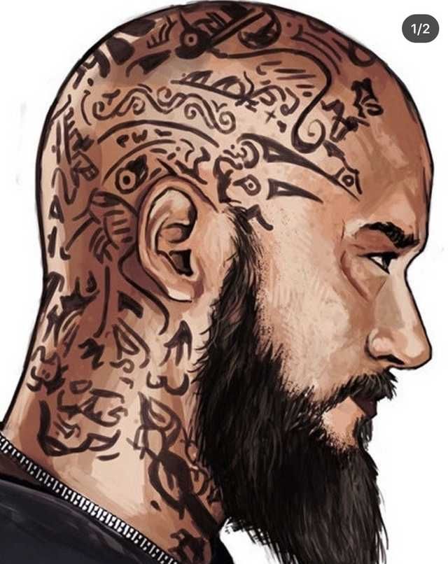 a drawing of a bald man with tattoos on his head and beard, looking to the side