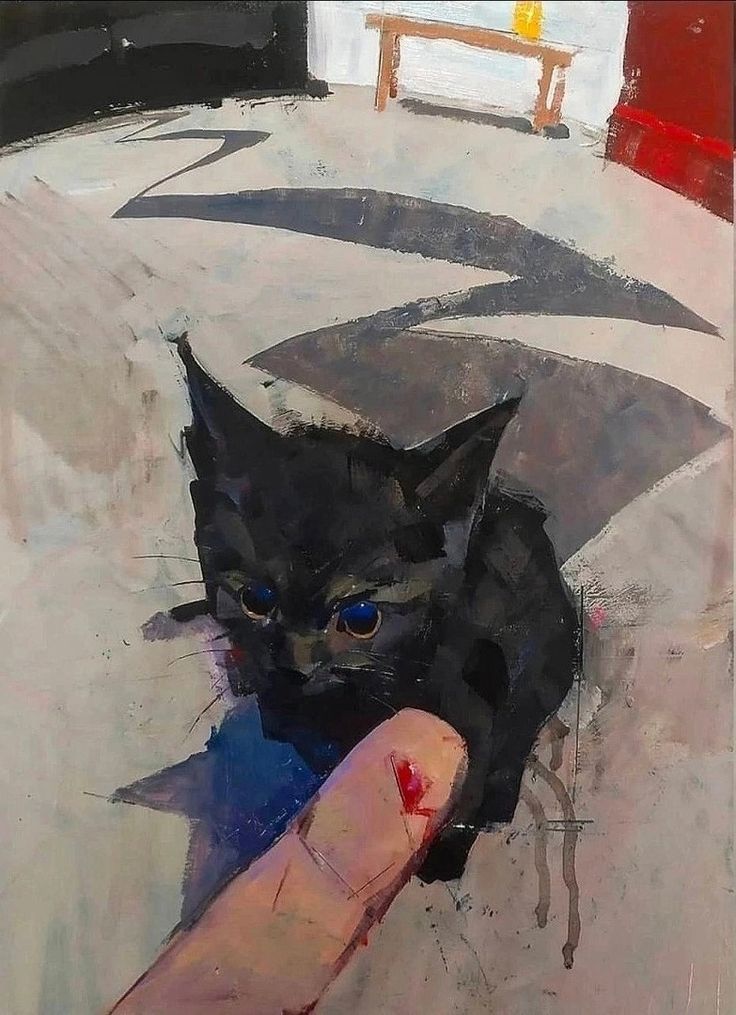 a painting of a black cat with blue eyes holding something in it's hand