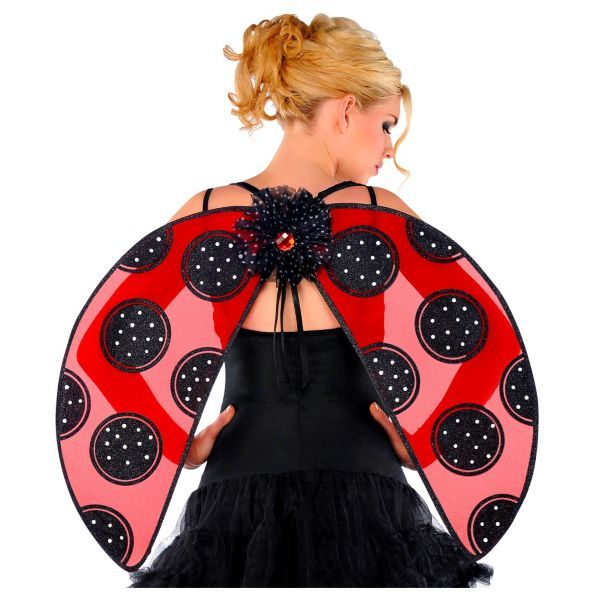 a ladybug costume with black tulle and red polka dots on the back