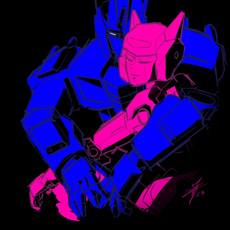 a stylized image of a robot in blue and pink