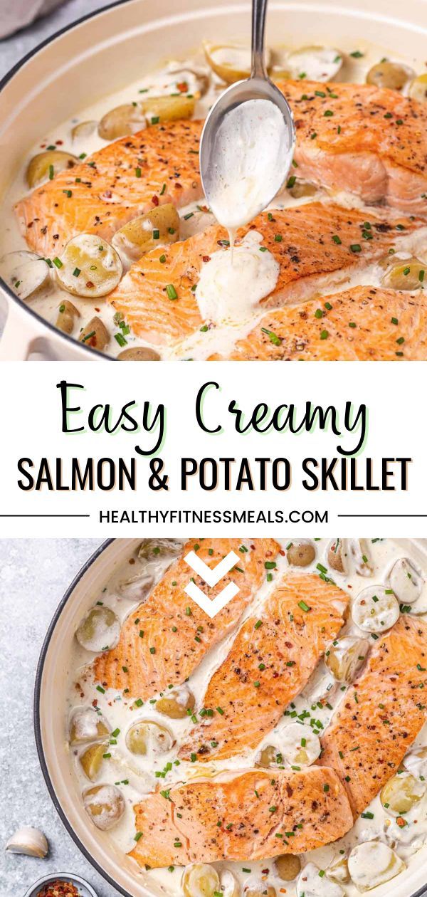 salmon and potato skillet in a pan with text overlay that reads easy creamy salmon and potato skillet