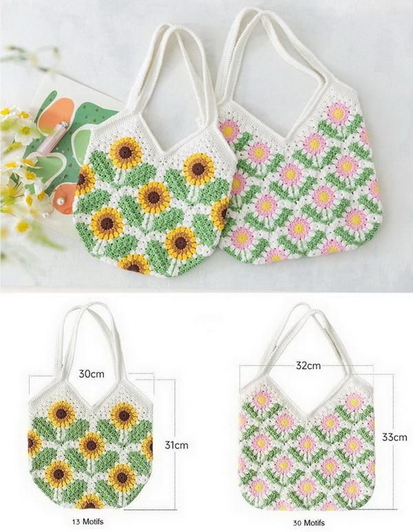 two bags with sunflowers on them, one in green and the other in pink