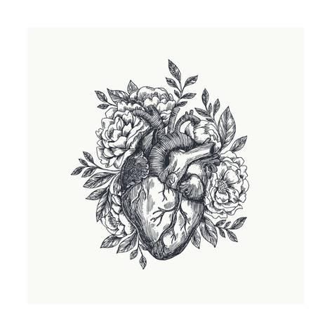 a black and white drawing of a heart surrounded by flowers