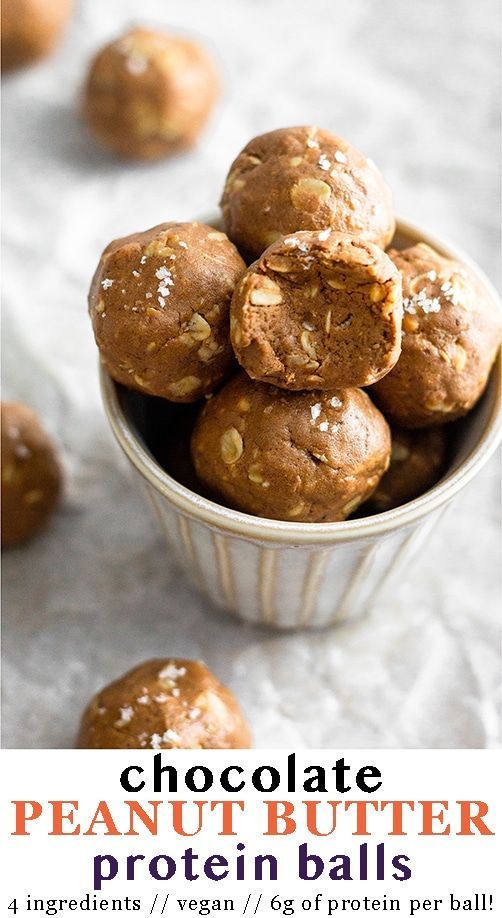 chocolate peanut butter protein balls in a small bowl with text overlay that reads, chocolate peanut butter protein balls