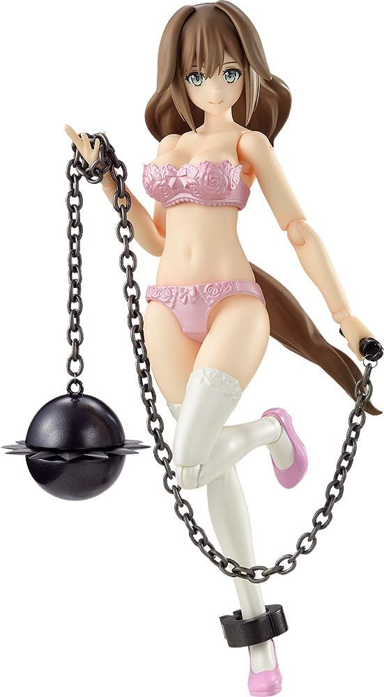 a doll is chained to a ball and has her hands on the chain as she walks