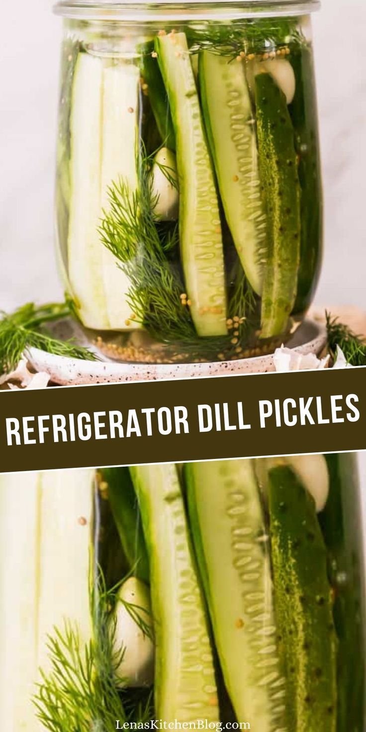 two jars filled with cucumber and dill pickles on top of each other