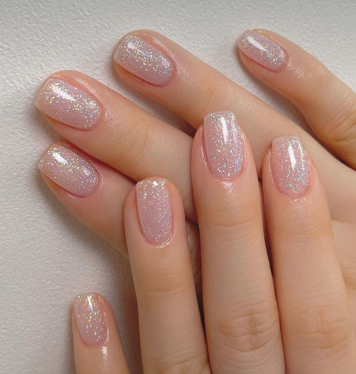 Short Gel Glitter Nails, Pale Glitter Nails, Clear With Glitter Nails, Light Pink Sparkly Nails Short, Gel Nails Shimmer, Short Shimmer Nails, Summer Shimmer Nails, Sparkly Short Nails Glitter, Short Nail Glitter