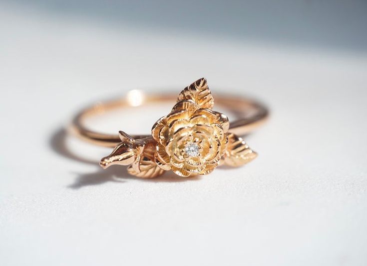 ROSE Diamond Rose Flower Ring Solid 14k Gold Flower Ring | Etsy Elegant Rose Gold Flower Ring With Roses, Elegant 14k Gold Flower Ring With Rose Design, Rose Flower Ring, Rose Diamond, Gold Flower Ring, Gem Diamonds, Ring Hand, Rose Ring, Ring Dainty