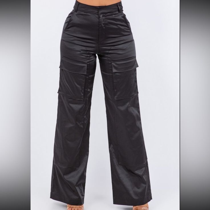 * Satin * Cargo Pants * Polyester 63% * Cotton 35% * Spandex 2% High Waist Pants With Cargo Pockets For Night Out, High-waist Cargo Pants With Pockets For Night Out, High Waist Cargo Pants With Pockets For Night Out, High-waisted Pants With Pockets For Night Out, Fitted Wide Leg Cargo Pants For Night Out, Trendy Cargo Pocket Pants For Night Out, Trendy Pants With Cargo Pockets For Night Out, Night Out High-waisted Pants With Pockets, Fitted Cargo Trousers For Night Out