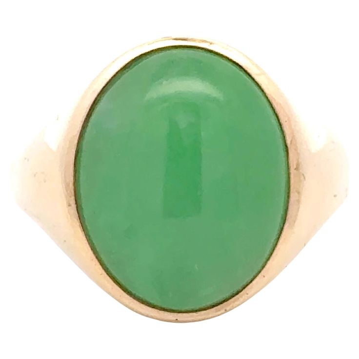 Item Specifications: Metal: 14k Yellow Gold Style: Statement Ring Ring Size: 11.25 (resizing available for a fee) Total Weight: 8.7 Grams Gemstone Specifications: Center Gemstone: Jadeite Jade Shape: Oval Color: Apple Green Jade Measurements: ~16.9 mm x 14 mm 6.3 mm Jade Carat Weight: ~13.44 carats Condition: Vintage, Excellent Stamped: "14k" Yellow Gold Jade Jewelry In Round Shape, Yellow Gold Jade Jewelry With Cabochon, Oval Cabochon Jade Gemstone Jewelry, Yellow Gold Jade Cabochon Ring, Yellow Round Jade Jewelry, Green Rings, Vintage Cocktail Ring, Vintage Cocktail, Jade Ring