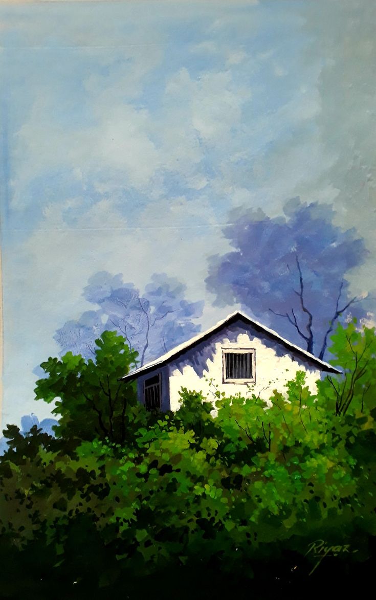 an oil painting of a white house in the middle of green trees and blue sky