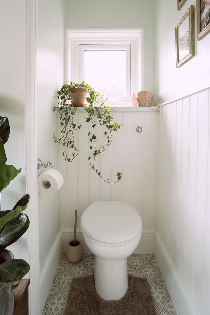 a white toilet sitting in a bathroom next to a window with potted plants on it