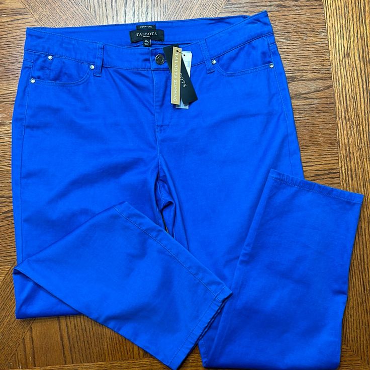 Nwt Talbots 5-Pocket Slimming Pants. 26 Inch Inseam Size 10p Blue Mid-rise Jeans With Side Pockets, Stretch Blue Jeans With Pockets, Blue Stretch Jeans With Pockets, Blue Jeans With Hip Pockets For Work, Blue Jeans With Pockets For Work, Blue Jeans With Side Pockets For Work, Blue Tapered Leg Jeans With Hip Pockets, Black Pant Suit, Side Zip Pants