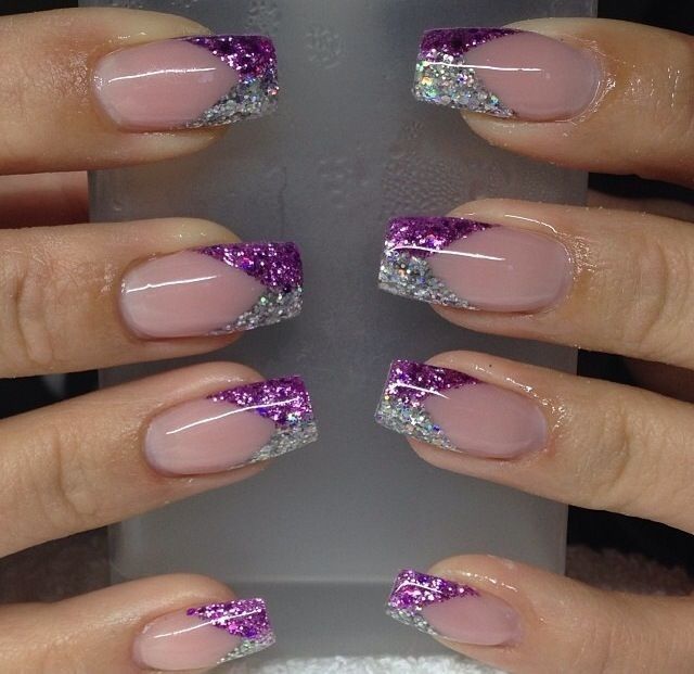 Glittery Purple French Tip Nails, Fingernail Designs For Work, Purple Nail Art Designs French Tips, Purple And Silver Nails Designs, Sassy Nails Designs, Deco Violet, Purple And Silver Nails, Purple Nail Art Designs, Elegant Touch Nails