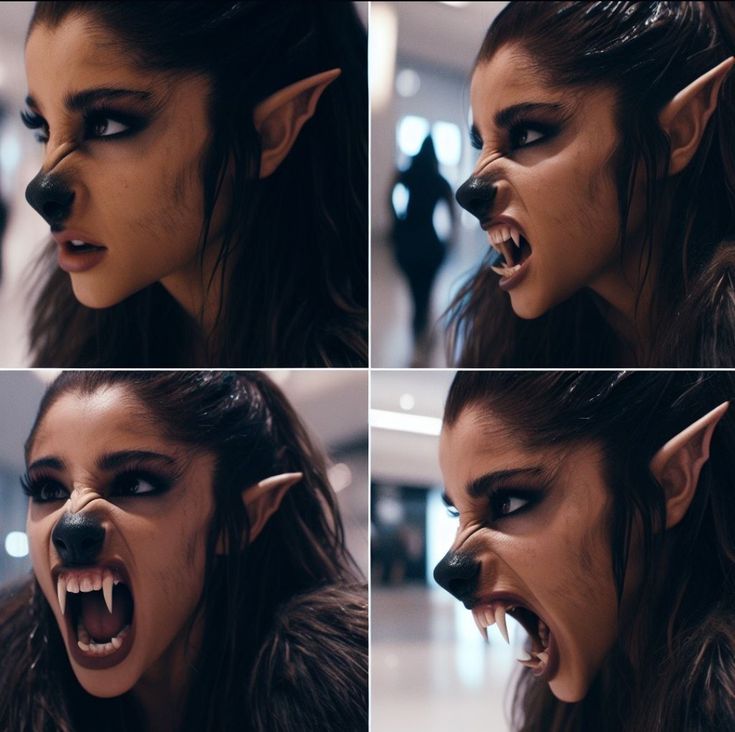 four pictures of a woman with her mouth open and fangs out, including the face of a wolf