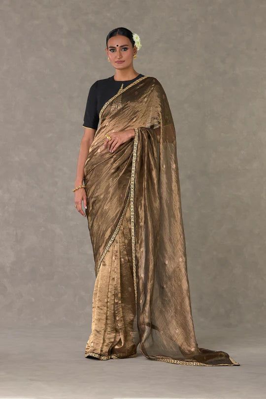 Black Tissue Saree, Black Indian Outfit, Sitara Work, Raw Silk Blouse, Caribbean Fashion, Indian Sari Dress, Saree Gown, Tissue Saree, Trendy Blouse