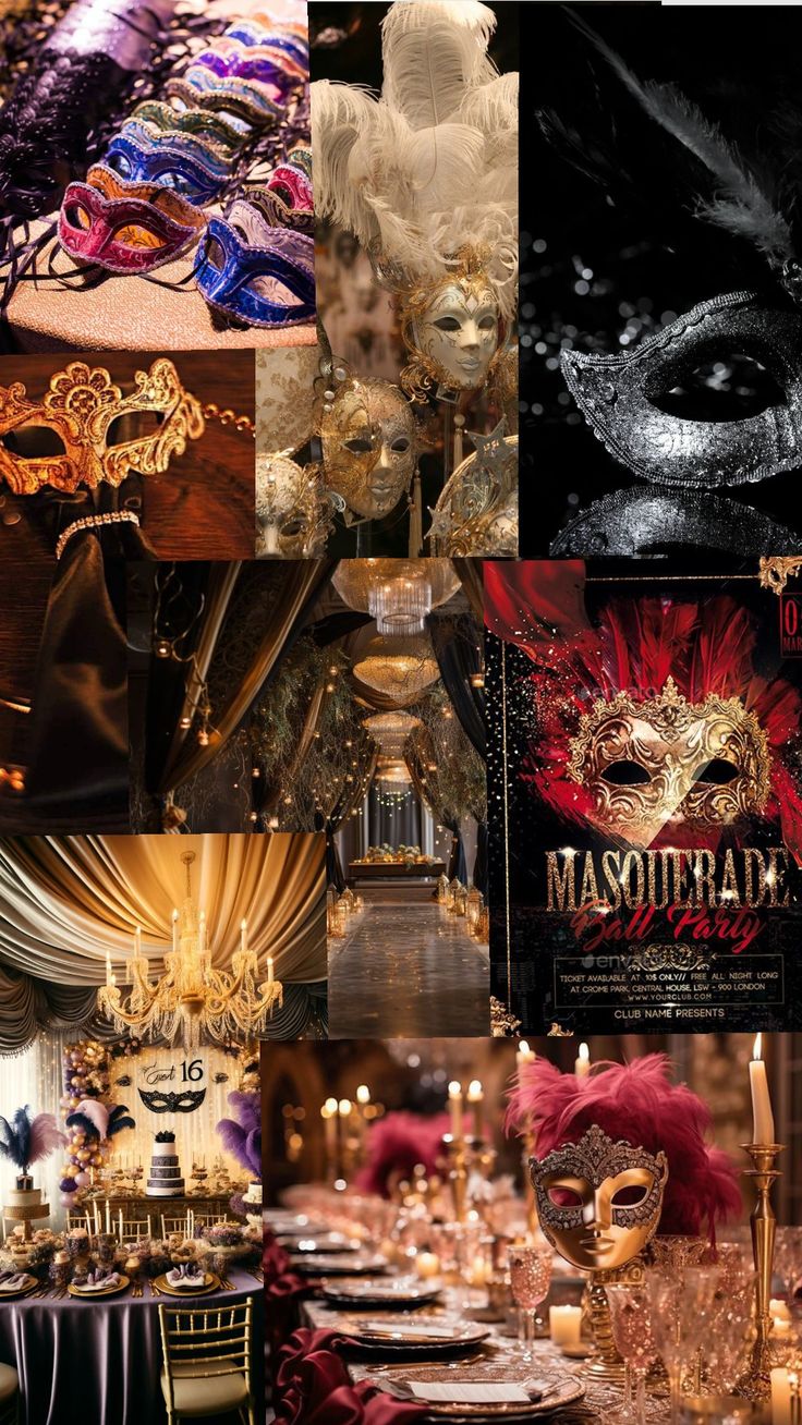 a collage of masquerade masks, candles and table cloths in different colors