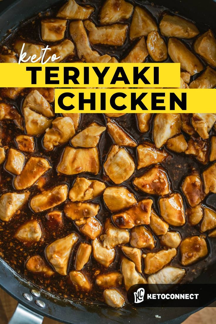 chicken is cooking in a skillet with the words ketchup teriyaki chicken