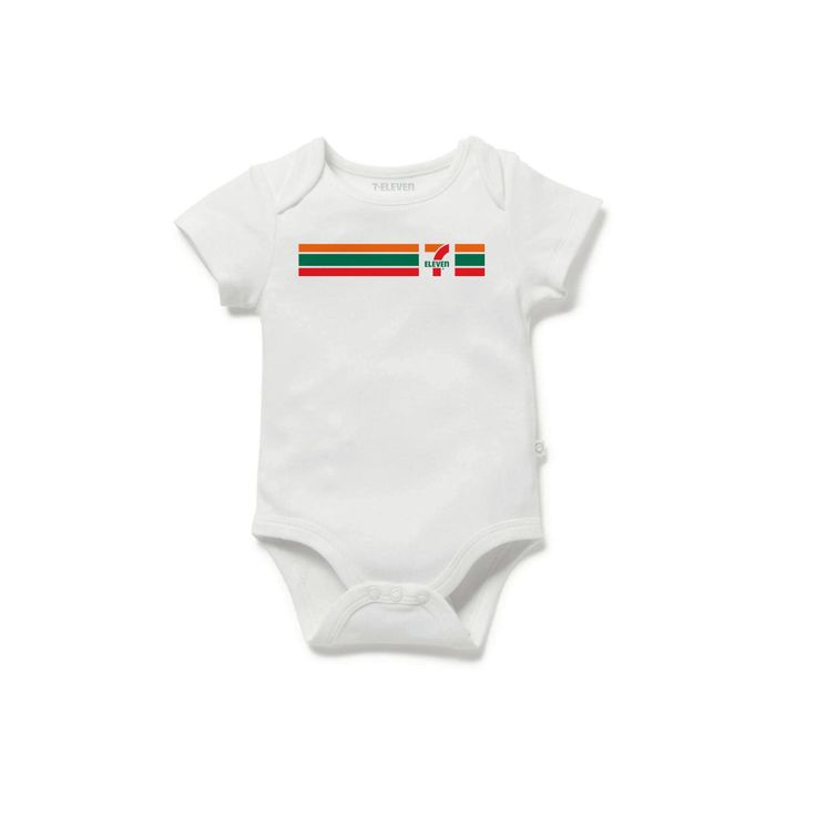 7-Eleven Logo baby onesie White Pre-shrunk Cotton Onesie, White Short Sleeve Casual Onesie, Fitted White Organic Cotton Bodysuit, White Short Sleeve Bodysuit With Graphic Print, Retro White Tops For Playtime, Fitted White Onesie For Playtime, White Fitted Onesie For Playtime, Casual White Bodysuit For Playwear, White Short Sleeve Cotton Bodysuit