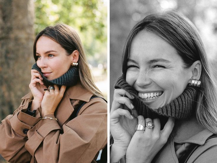 two women smiling and talking on their cell phones, one is wearing a turtle neck sweater