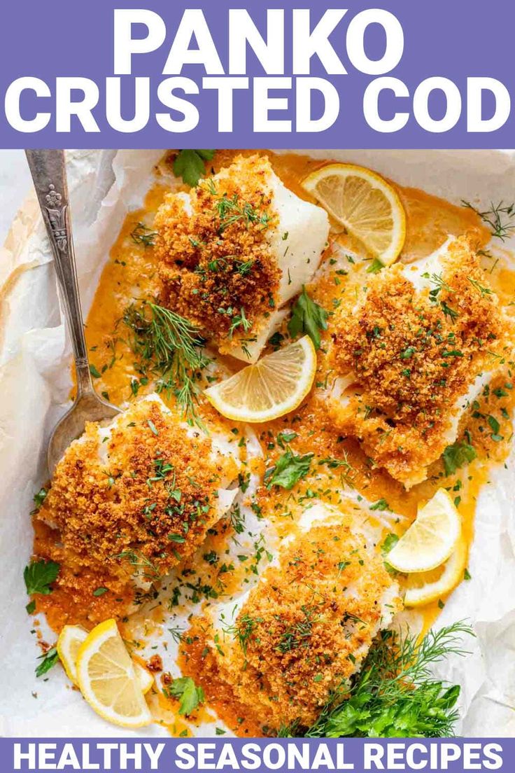 panko crusted fish with lemons and parsley on top